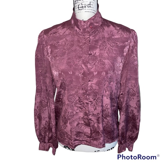 cassidy Tops - Gorgeous Vintage silky floral mauve blouse high neck blouse roses 🌹